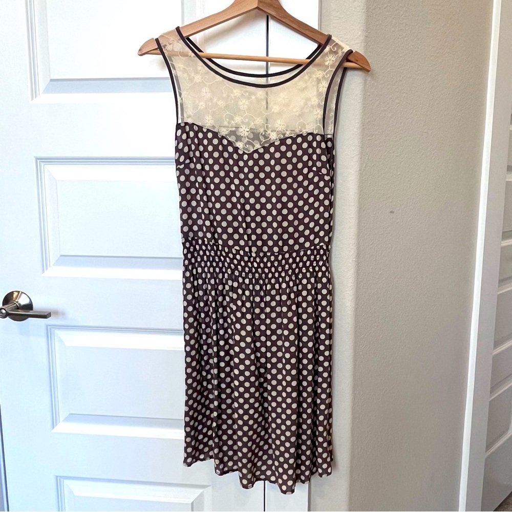 Promod polka dot brown and cream dress with lace, size S